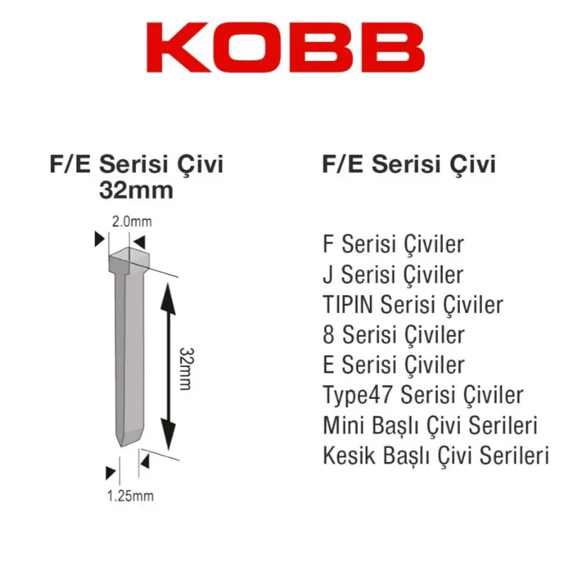 KOBB KBZ32F 32mm 2500 Adet F/E/J/8 Serisi Ağır Hizmet Tipi Kesik Başlı Çivi — görsel 3