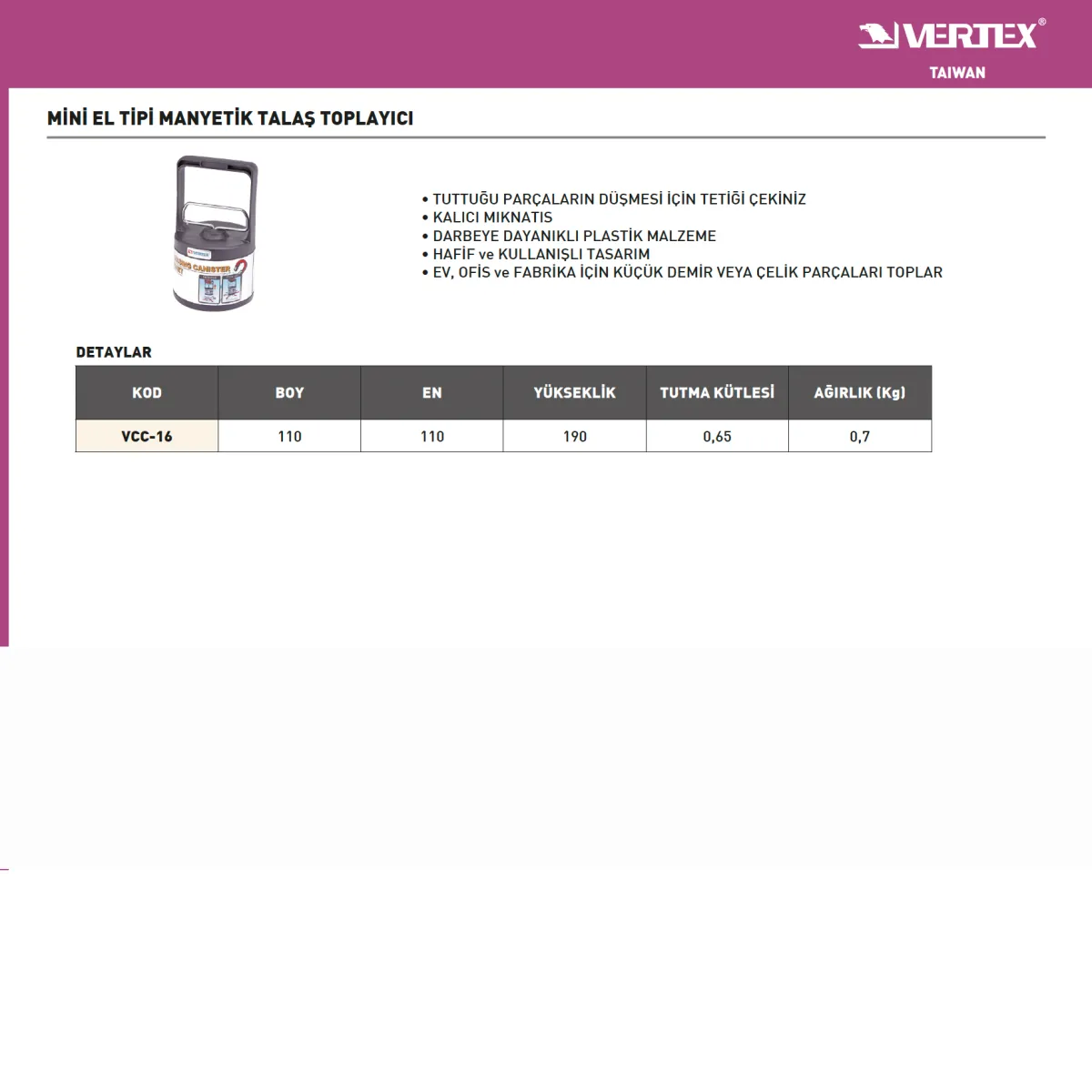 Vertex V-VCC-16 Mini El Tipi Manyetik Talaş Toplayıcı — görsel 2