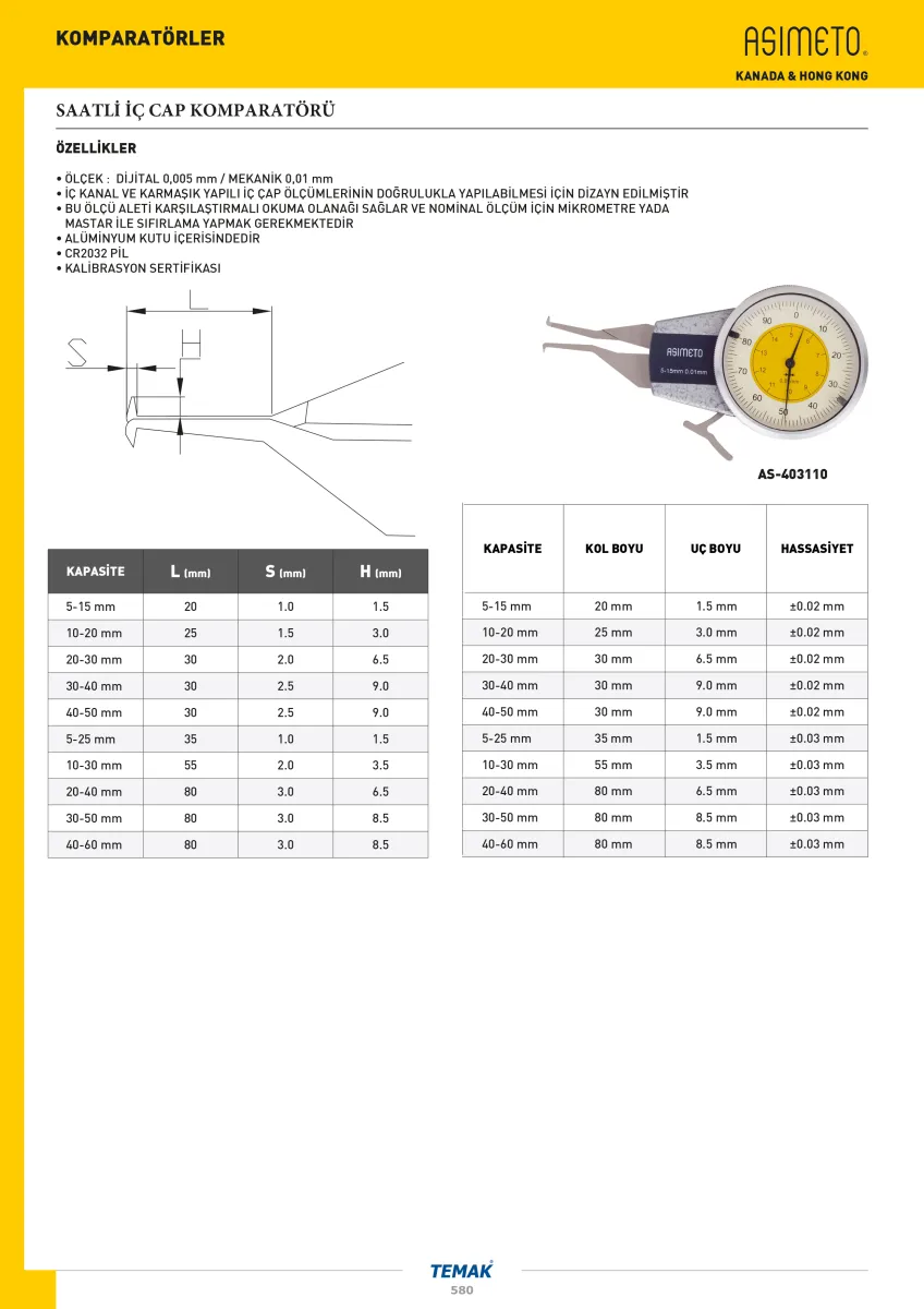 Asimeto AS-403250 40-60X0.01 mm Saatli İç Cap Komparatörü — görsel 2