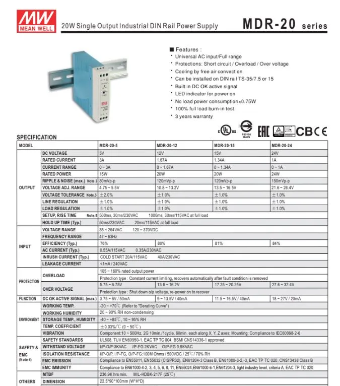 Meanwell MDR-20-12 12VDC 1.6A Ray Montaj Tip Regüle Güç Kaynağı — görsel 2