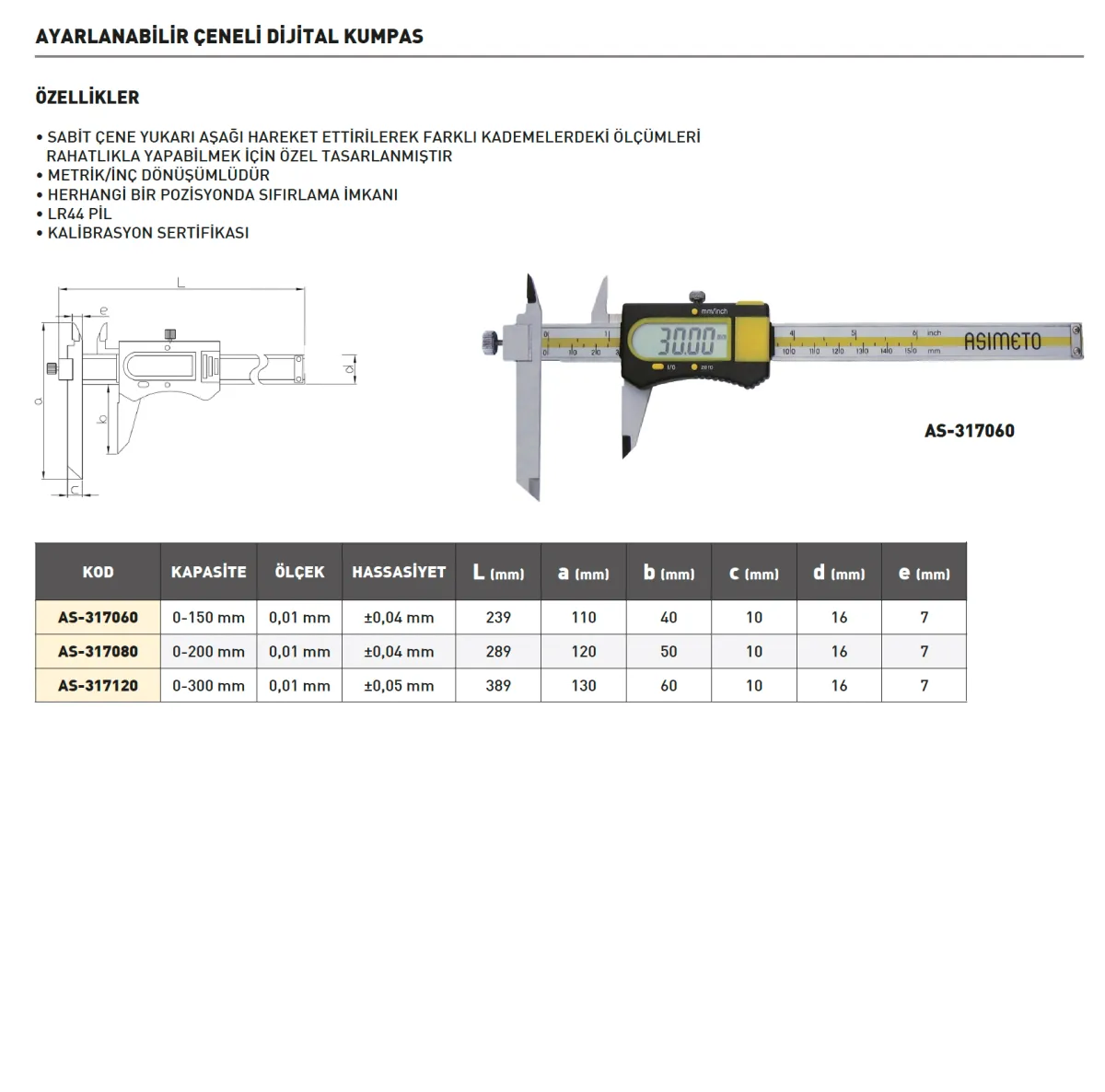 Asimeto AS-317080  0-200 mm x 0.01 Ayarlanabilir Çeneli  Dijital Kumpas — görsel 2