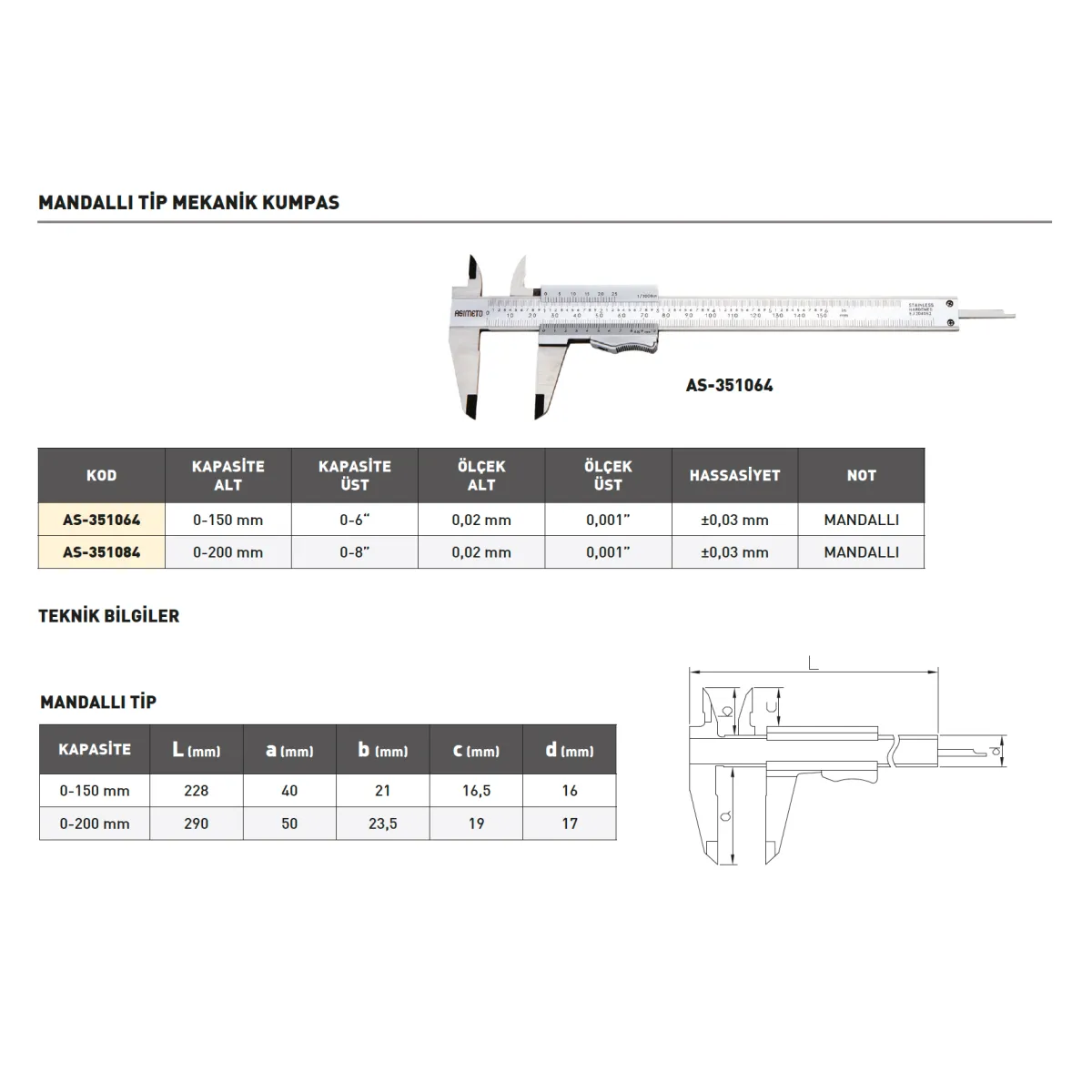 Asimeto AS-351084 0-200Mmx0.02 Mandallı Tip Mekanik Kumpas — görsel 2
