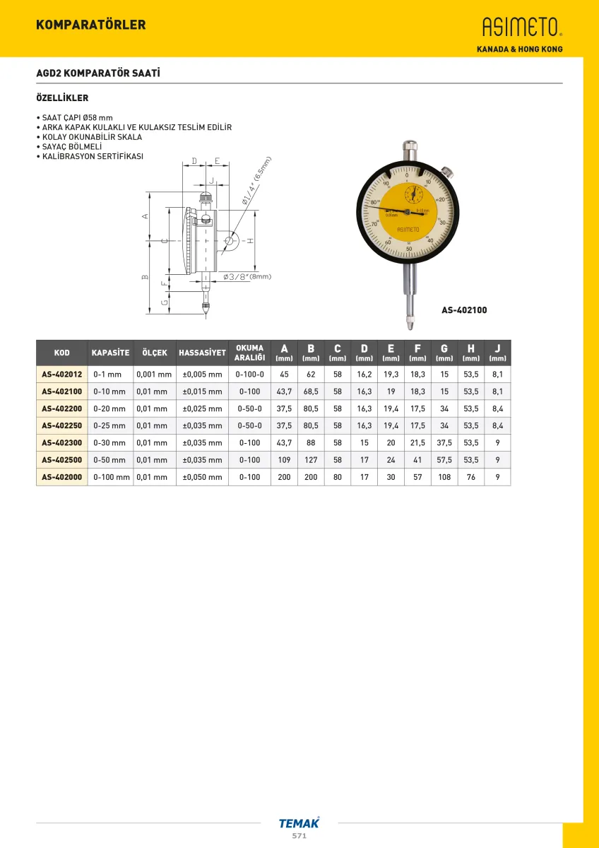 Asimeto AS-402500  0-50Mmx0.01 Agd2 Komparatör Saatı Sap:8mm — görsel 2