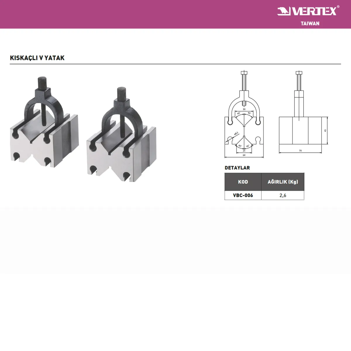 Vertex VBC-006 64x70X45mm Kıskaçlı V-Yatak — görsel 2