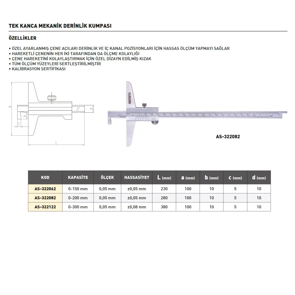 Asimeto AS-322082 0-200mmx0.05 Tek Kanca Mekanik Derinlik Kumpası — görsel 2