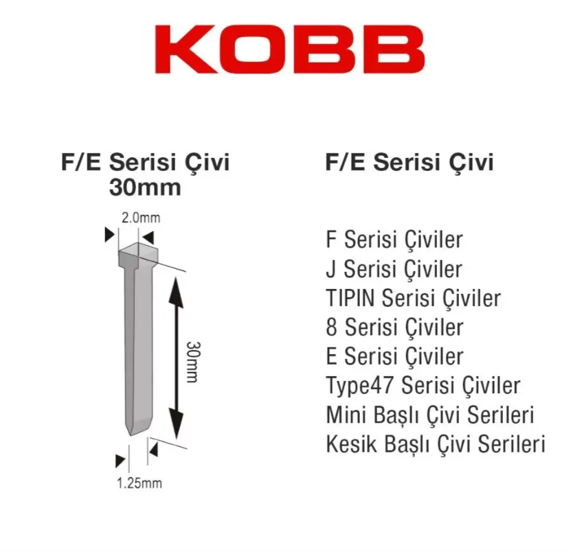 KOBB KBZ30F 30mm 2500 Adet F/E/J/8 Serisi Ağır Hizmet Tipi Kesik Başlı Çivi — görsel 3