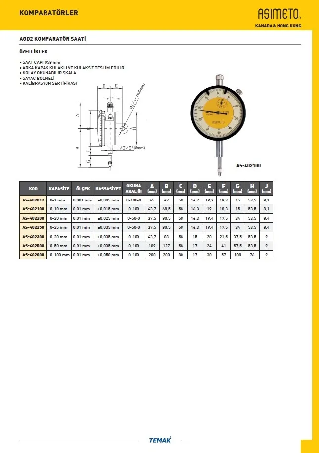 Asimeto AS-402100 AGD2 Komparatör Saati Sap:8mm 0-10mmx0.01 — görsel 2