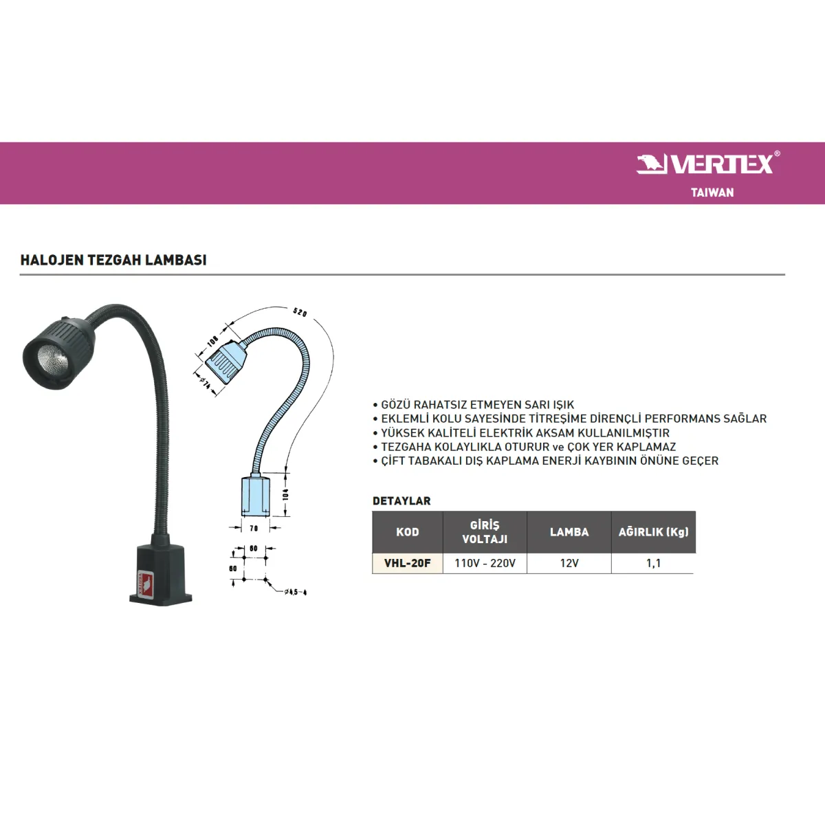 Vertex  V-VHL-20F Manyetik Tabanlı Halojen Tezgah Lambası 12 Volt — görsel 2