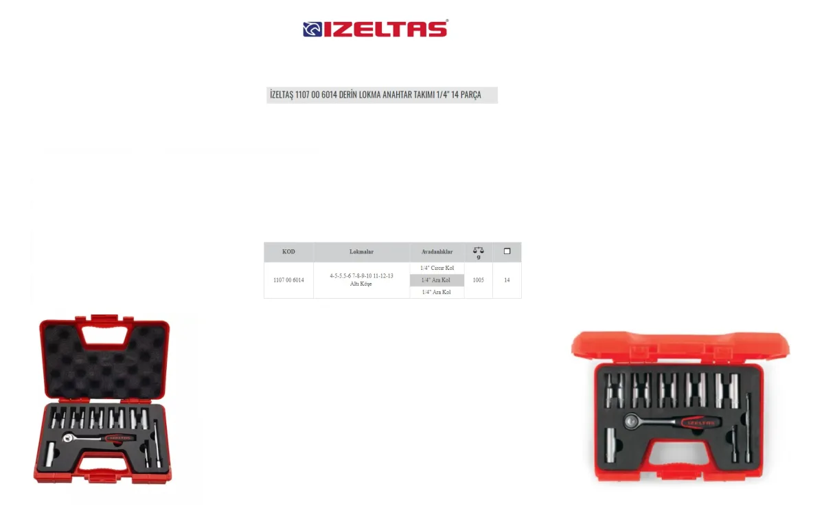 İzeltaş 1/4" Altı Köşe Derin Lokma Anahtar Seti 14 Parça 1107006014 — görsel 1