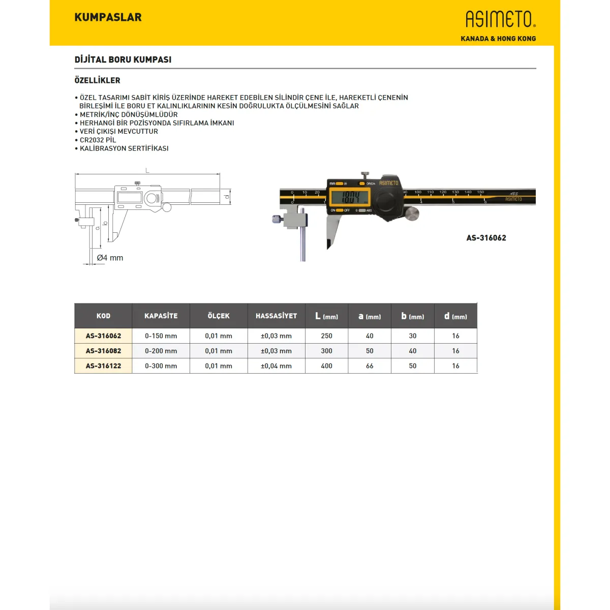 Asimeto AS-316082 0-200mmx0.01 Dijital Boru Kumpas — görsel 2