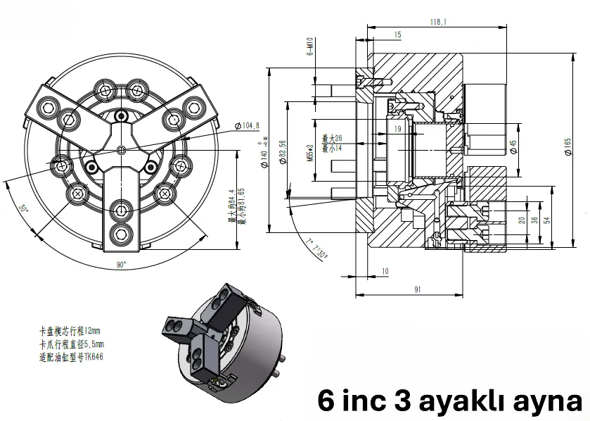 BDEFU KT06-3-A5 6'' inc 3 Ayaklı Açık Merkezli Hidrolik Ayna — görsel 2
