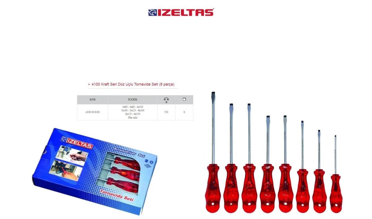 İzeltaş Kraft Seri Düz Tornavida Takımı 8 Parça 4100008108 — görsel 2