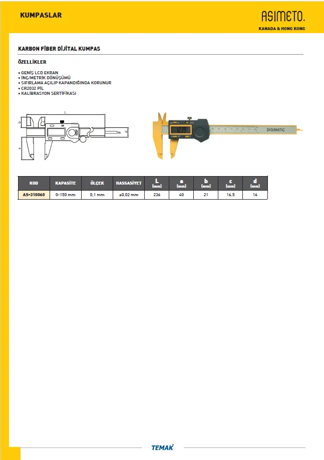 Asimeto AS-310060 Karbon Fiber Dijital Kumpas 0-150mmx0.1 — görsel 2