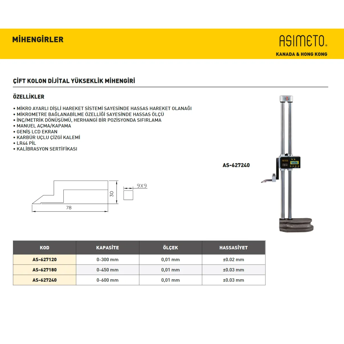 Asimeto AS-627240 0-600mm Dijital Yükseklik Mihengiri Çift Kolon — görsel 2