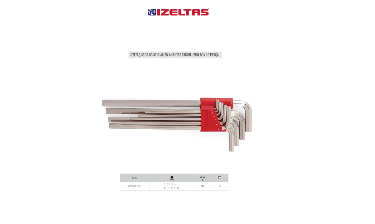 İzeltaş Allen Anahtar Takımı 2-10 mm 10 Parça Uzun 4903003110 — görsel 1