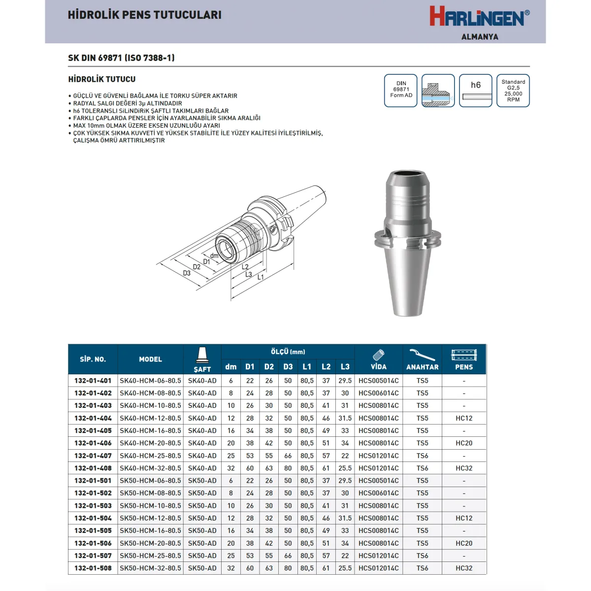 Harlingen HR.132-01-406 Sk40-Hcm20-80.5 Hidrolik Tutucu — görsel 2