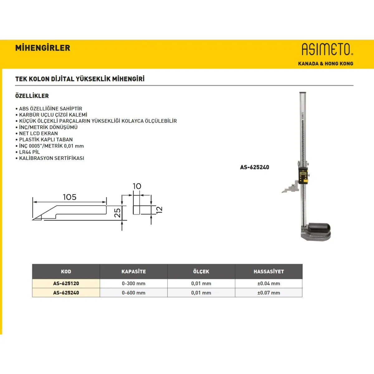 Asimeto AS-625240  0-600mm Dijital Yükseklik Mihengiri Tek Kolon — görsel 2