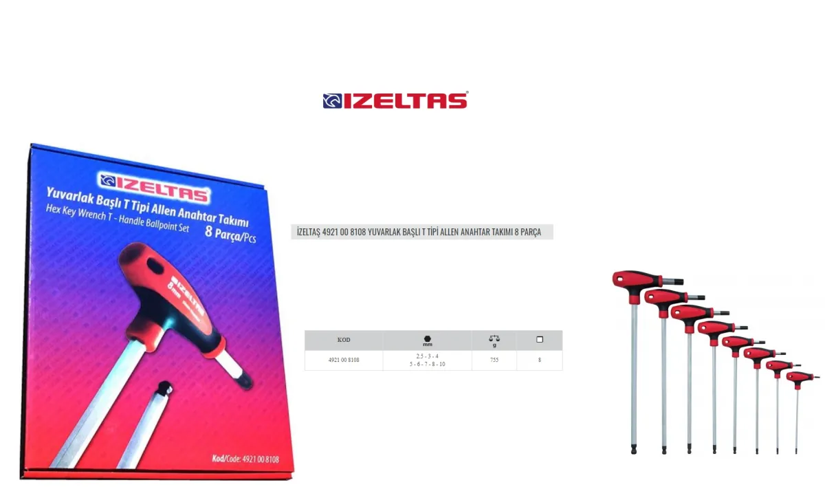 İzeltaş T Allen Anahtar Takımı 2,5-10 mm 8 Parça Yuvarlak Uçlu 4921008108 — görsel 2