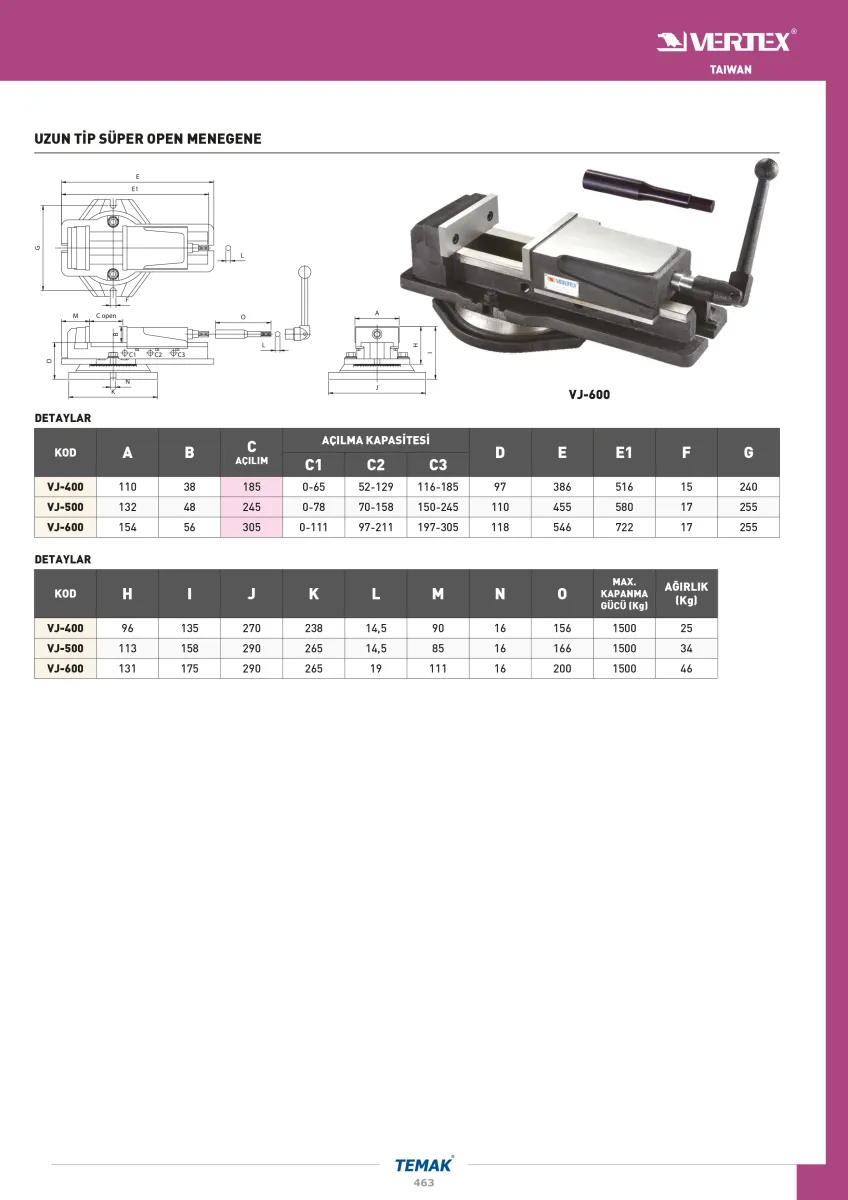 Vertex VJ-500 132x245mm Uzun Tip Süper Open Mengene — görsel 2