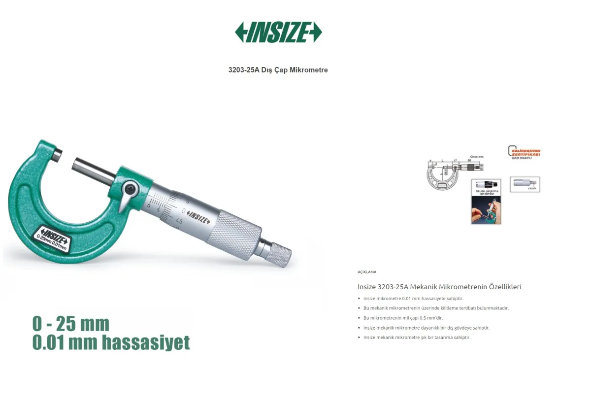 Insize Dış Çap Mikrometresi 0-25 mm / 0,01 mm 3203-25A — görsel 2