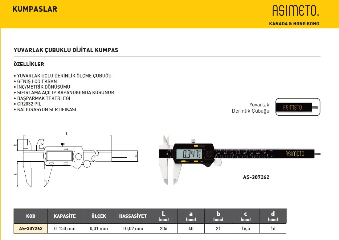 Asimeto AS-307262 0-150Mmx0.01 Yuvarlak Çubuklu Dijital Kumpas — görsel 2