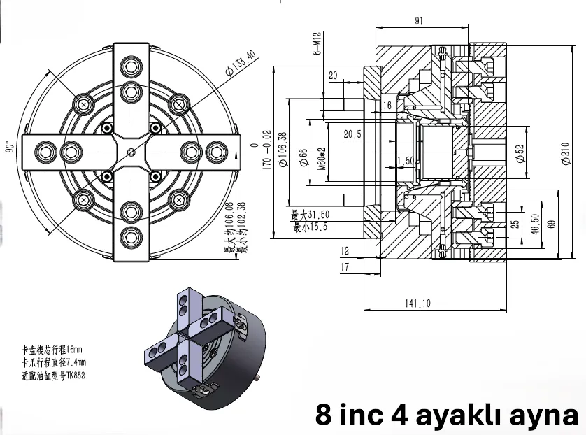 BDEFU KT08-4-A6 8 inç 4 Ayaklı Açık Merkezli Hidrolik Ayna — görsel 3