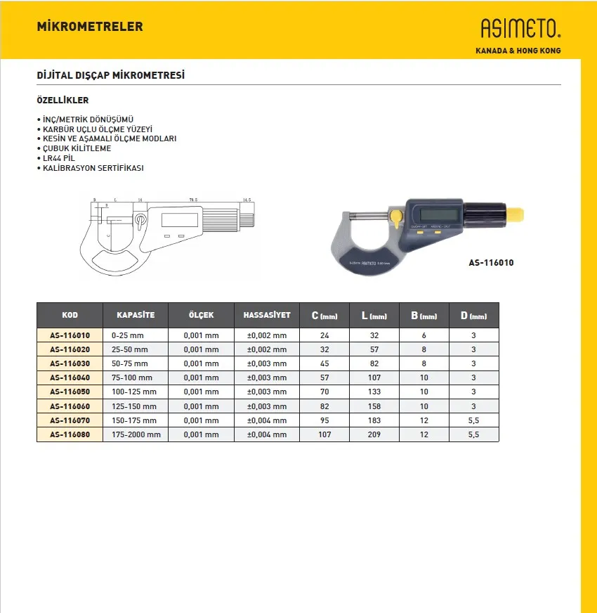 Asimeto AS-116010 Dijital Dış Çap Mikrometre 0-25mmx0.001 — görsel 2