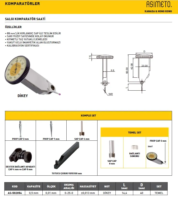 Asimeto AS-502054  0.5Mmx0.01 Salgı Komparatör Saati (Dikey) — görsel 2