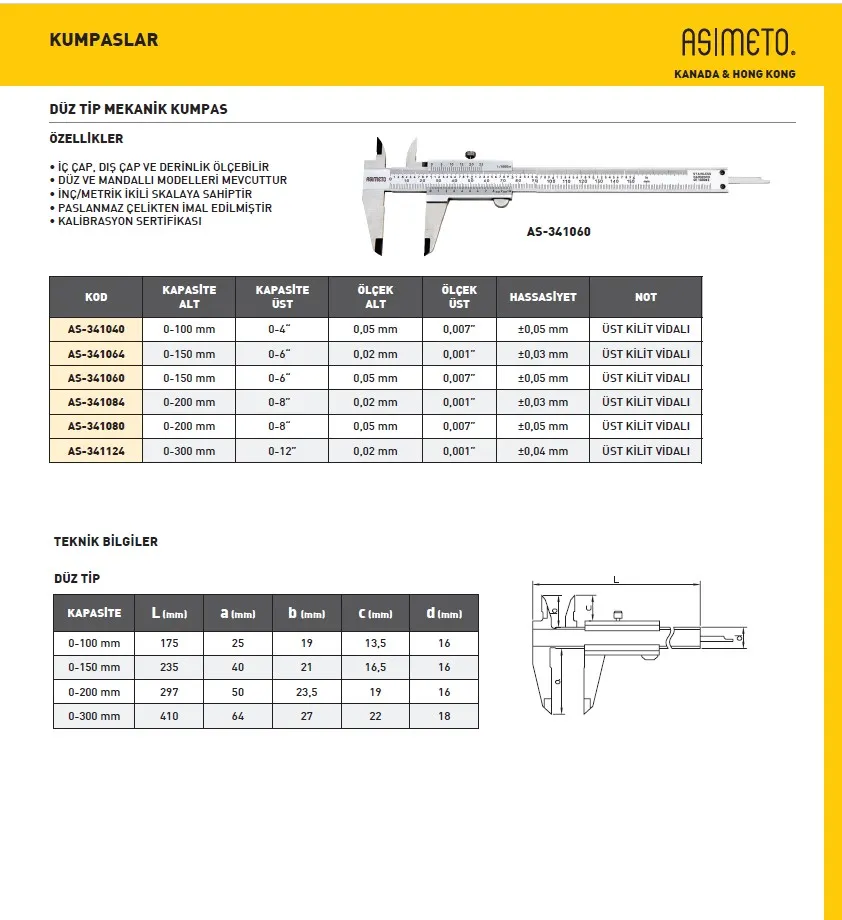 Asimeto AS-341064 Düz Tip Mekanik Kumpas 0-150mmx0.02 — görsel 2