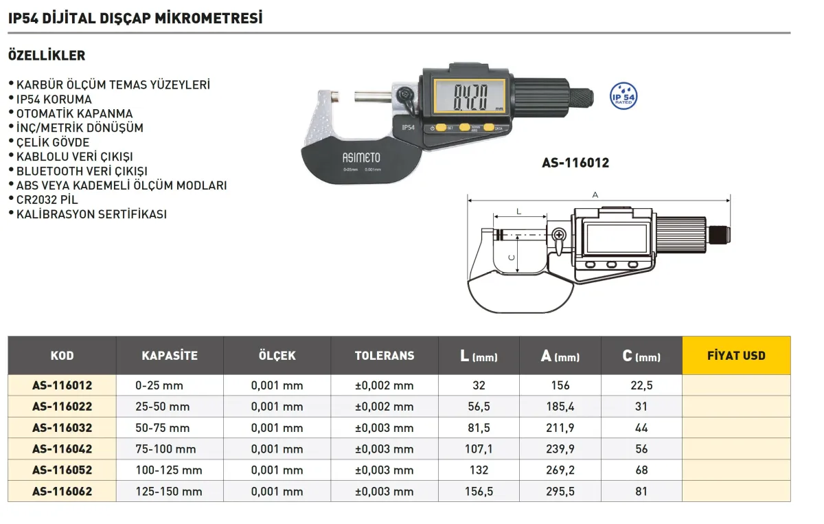 Asimeto AS-116012 0-25mmx0.001 IP54 Dijital Dış Çap Mikrometre — görsel 2