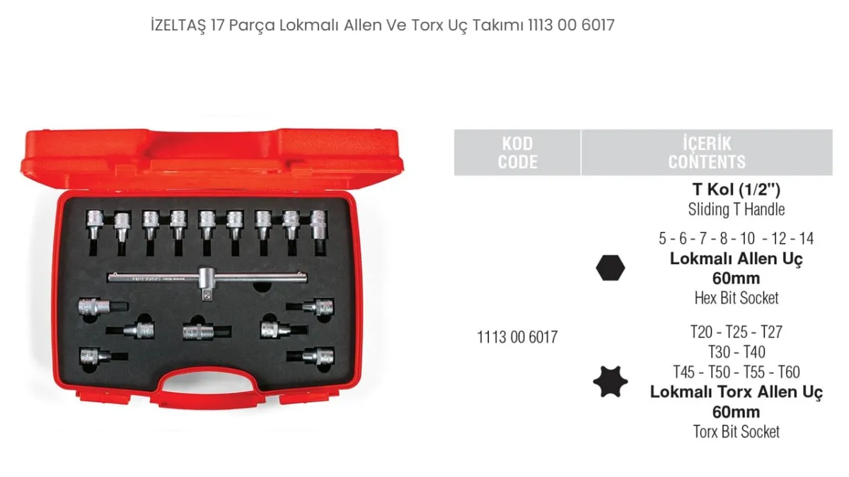 İzeltaş 1/2" Lokmalı Allen Uç ve Ster (Torx) Uç Takımı 17 Parça 1113006017 — görsel 1