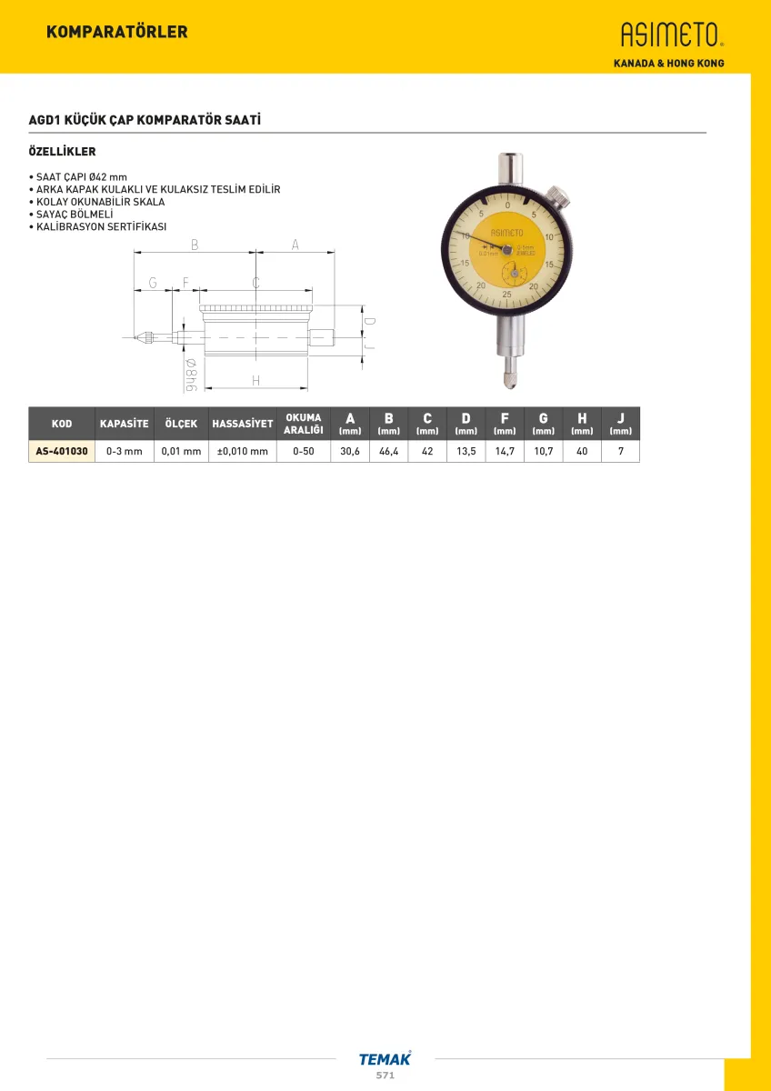 Asimeto AS-401030 0-3Mmx0.01 Agd1 Küçük Çap Komparatör Saatı Sap:8mm — görsel 2