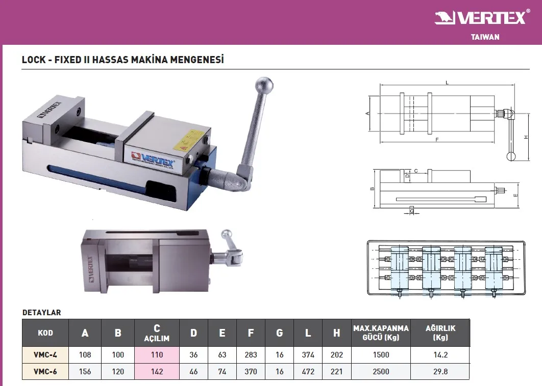 Vertex VMC-4 Lock-Fıxed Iı Hassas Mengene 156X142mm — görsel 2