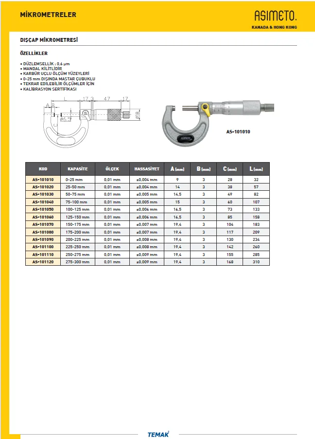 Asimeto AS-101010 Mekanik Dış Çap Mikrometre 0-25mmx0.01 — görsel 2