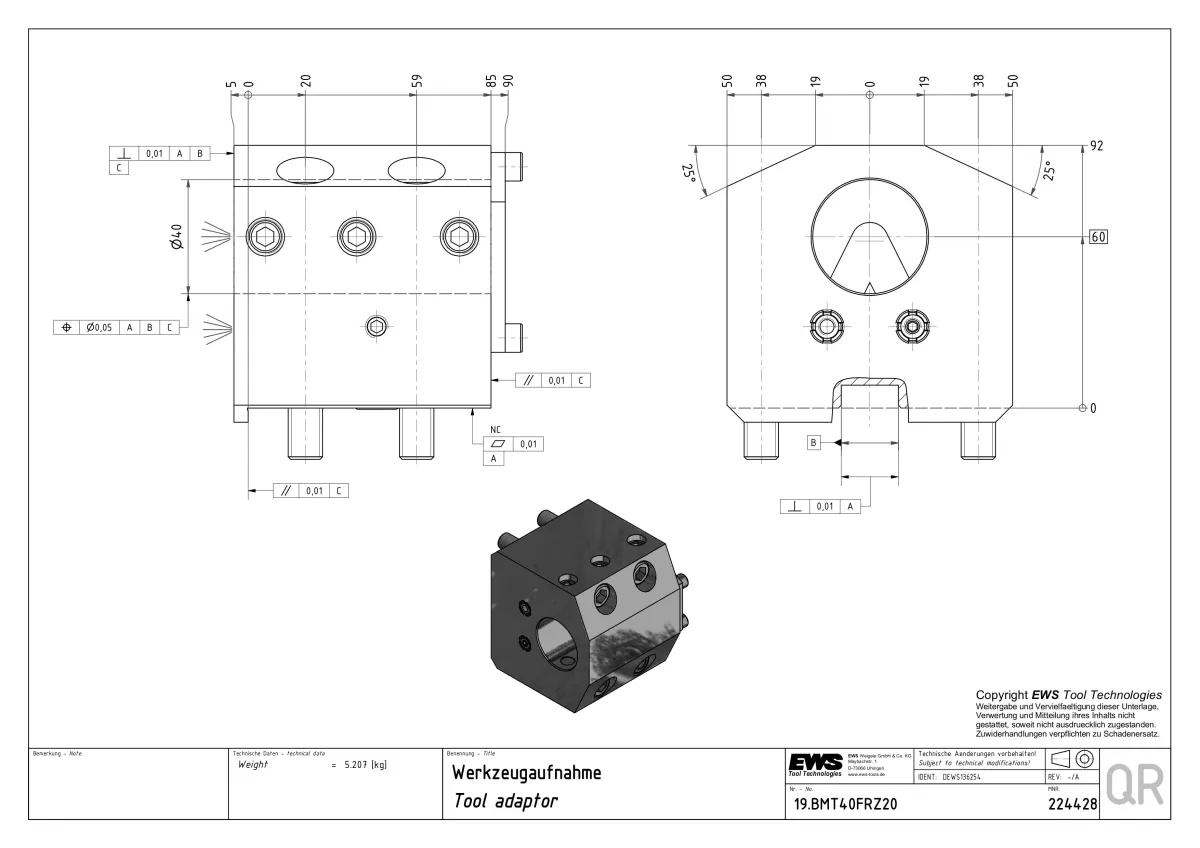 EWS BMT55 19.BMT40FRZ20 C-Eksensiz İçten Su Vermeli H=60mm Ø40 Delik İçi Kater Tutucu — görsel 2