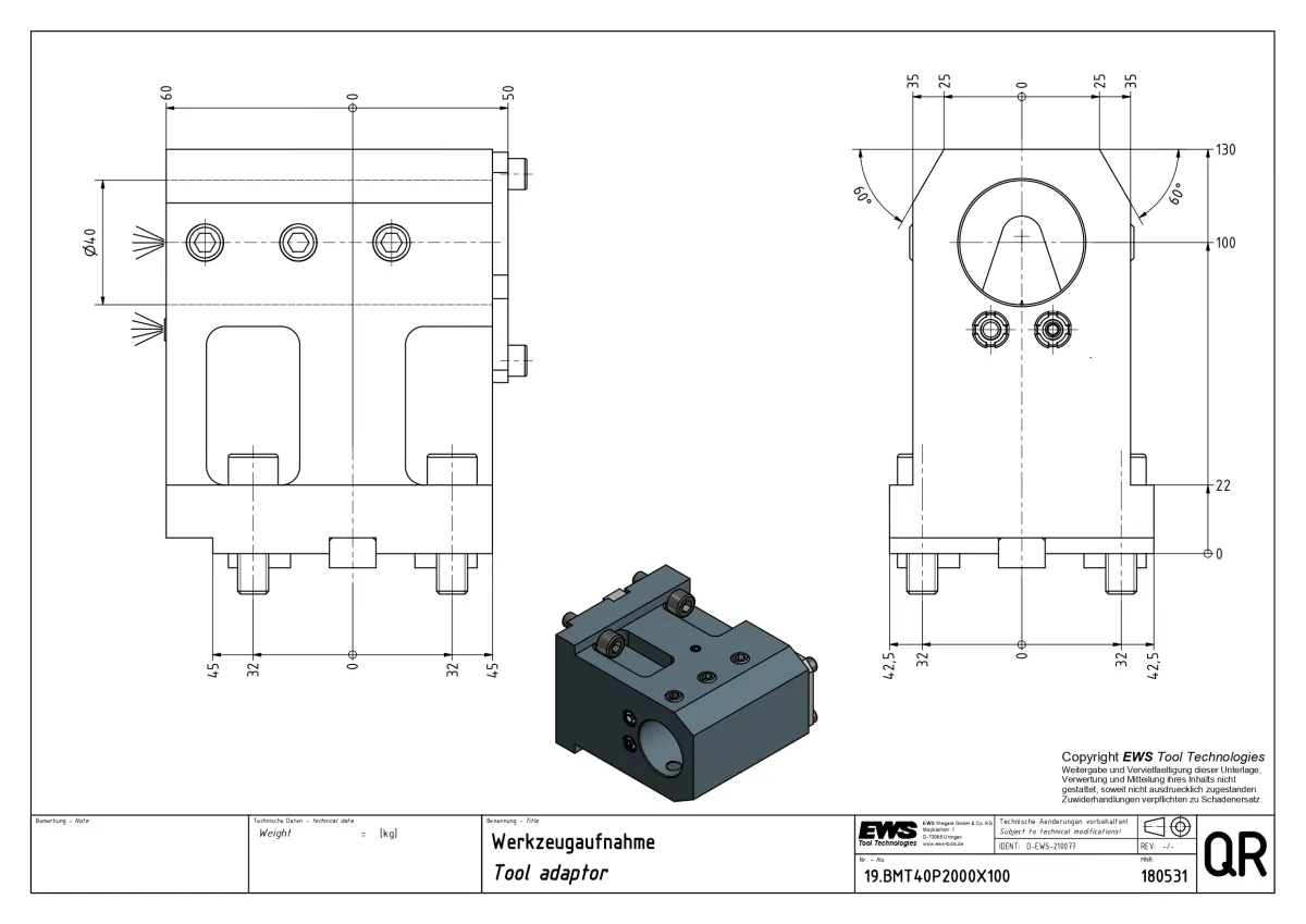 EWS 19.BMT40P2000X100 BMT55 Ø40 İçten Su Vermeli H=100mm Delik İçi Kater Tutucu — görsel 1