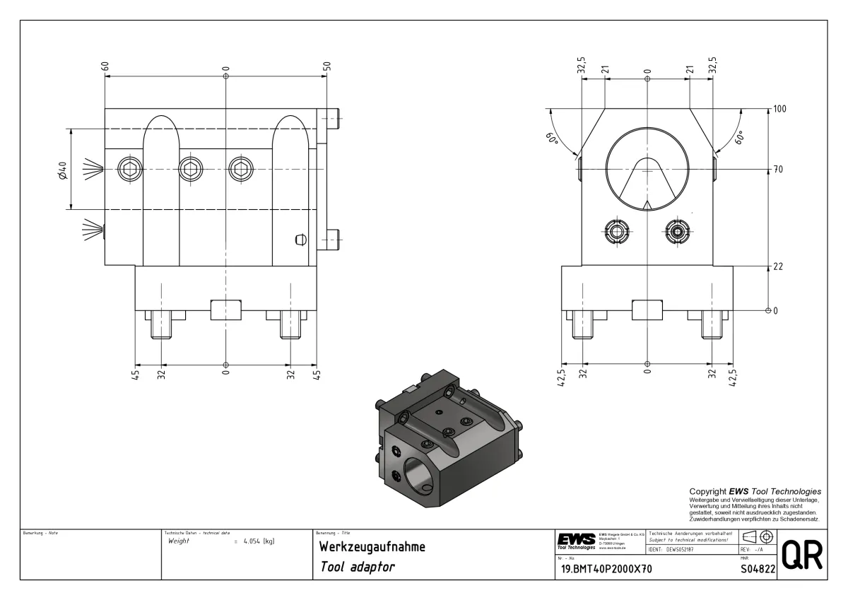 EWS BMT55 19.BMT40P2000X70 Ø40  İçten Su Vermeli  H=70mm Delik İçi Kater Tutucu — görsel 2