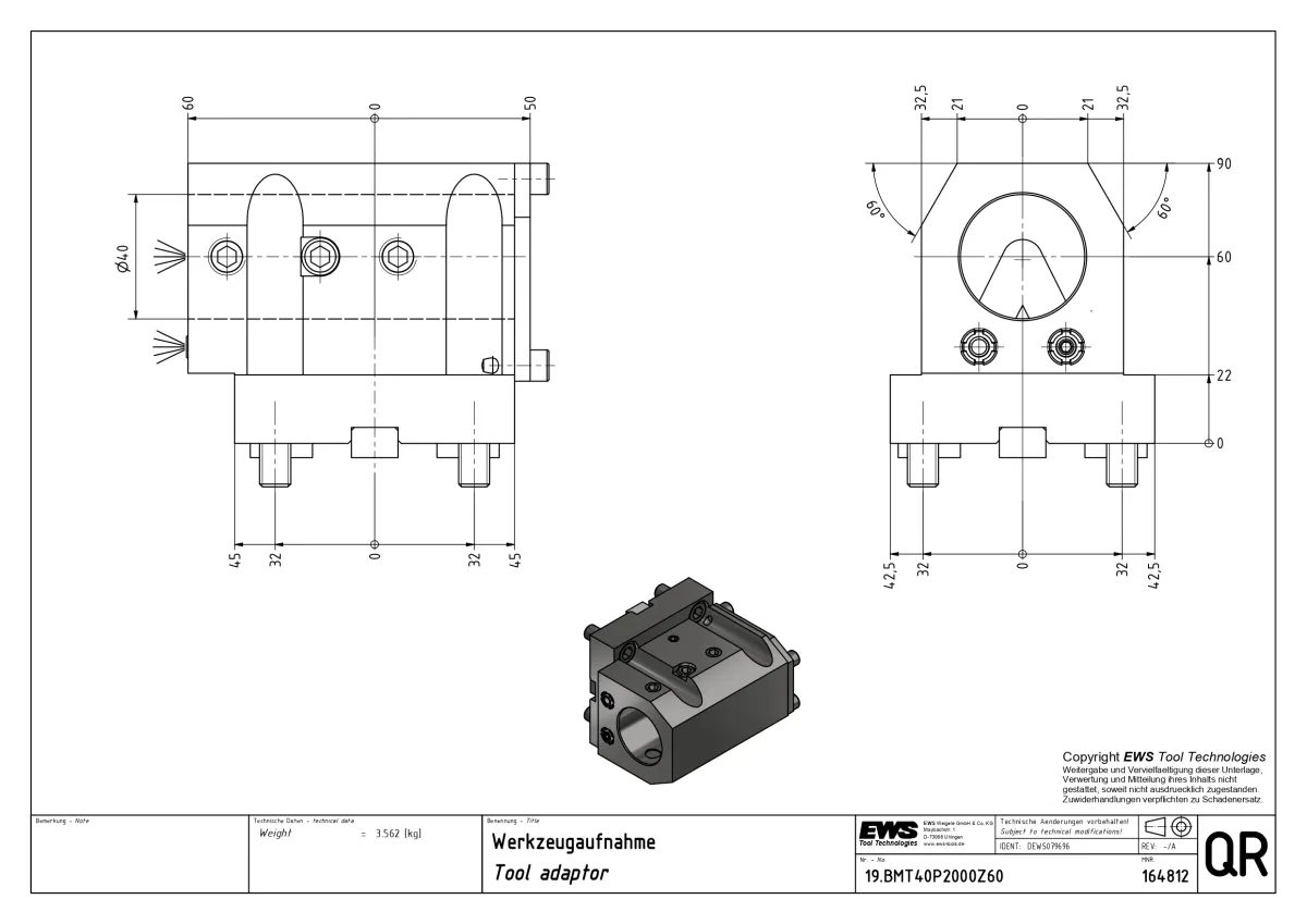 EWS BMT55 19.BMT40P2000Z60 Ø40  İçten Su Vermeli  H=60mm Delik İçi Kater Tutucu — görsel 2